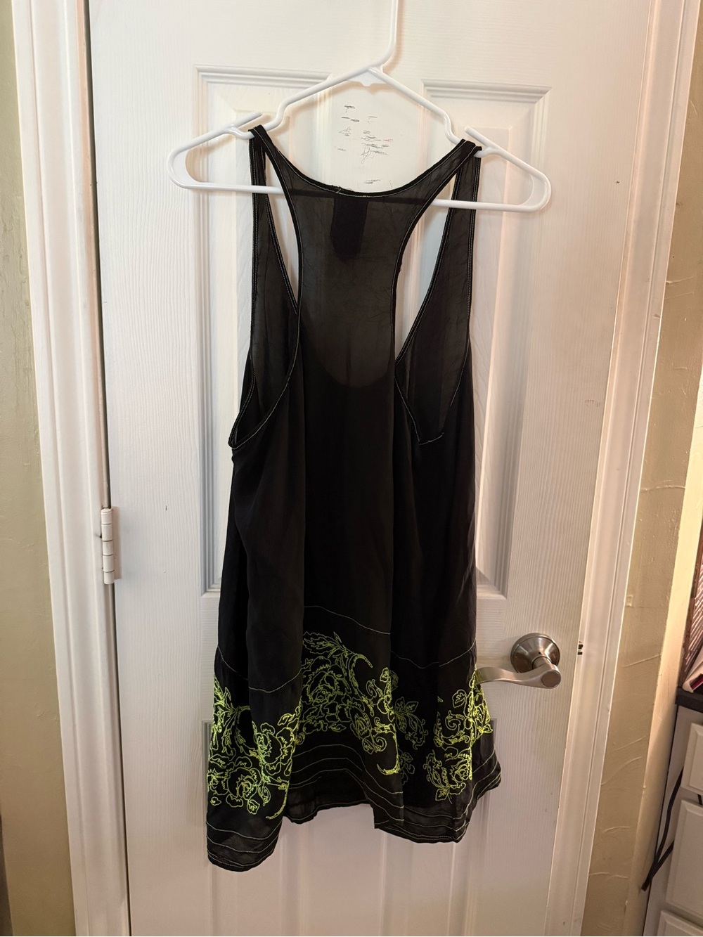 Johnny Was Black Racerback Tank with Neon Green Embroidery